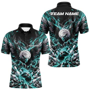 Maxcorners Custom Turquoise Flame Eagle Bowling Men Polo Shirt, Matching Bowling Team League Shirt