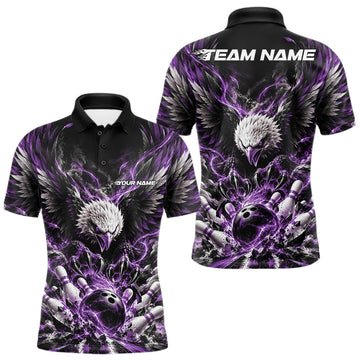 Maxcorners Custom Purple Flame Eagle Bowling Men Polo Shirt, Matching Bowling Team League Shirt