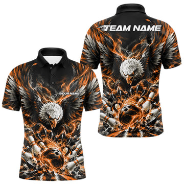 Maxcorners Custom Orange Flame Eagle Bowling Men Polo Shirt, Matching Bowling Team League Shirt