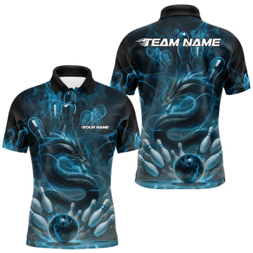 Maxcorners Custom Blue Flame Dragon Bowling Men Polo Shirts, Dragon Bowling League Shirt LM1112