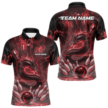 Maxcorners Custom Red Flame Dragon Bowling Men Polo Shirts, Dragon Bowling League Shirt LM1112