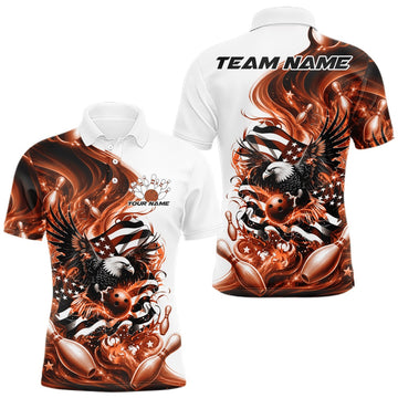 Maxcorners Custom Orange Flame American Egle Bowling Men Polo Shirt, Patriotic Bowling Team Shirt