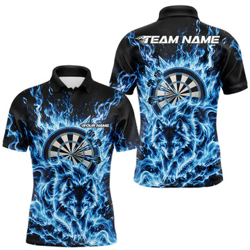 Maxcorners Blue Flame Wolf Dart Team Polo Shirt For Men, Dart Jersey With Custom Name