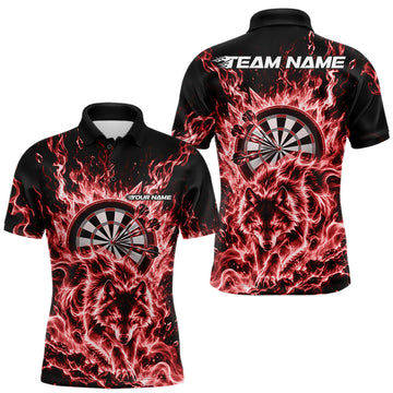 Maxcorners Red Flame Wolf Dart Team Polo Shirt For Men, Dart Jersey With Custom Name