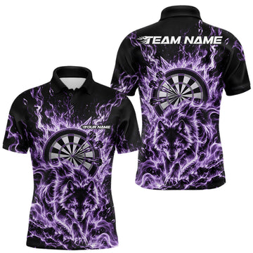 Maxcorners Purple Flame Wolf Dart Team Polo Shirt For Men, Dart Jersey With Custom Name
