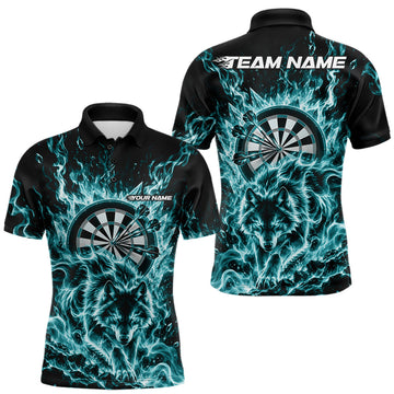 Maxcorners Teal Blue Flame Wolf Dart Team Polo Shirt For Men, Dart Jersey With Custom Name