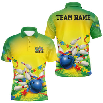 Maxcorners Custom Autism Awareness Bowling Men Polo Shirt, Puzzles Ribbon Bowler Outfits