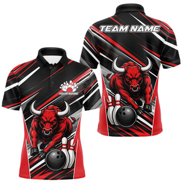 Maxcorners Custom Black And Red Bull Bowling Team Men Polo Shirt, Bull Bowling Jerseys