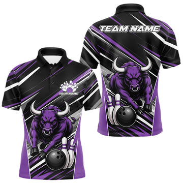 Maxcorners Custom Black And Purple Bull Bowling Team Men Polo Shirt, Bull Bowling Jerseys