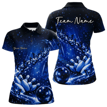 Custom Blue Butterfly Bowling Women Polo Team Shirt, Ladies Bowling League Shirt LM1203