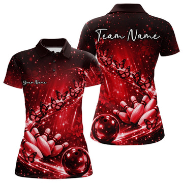 Custom Red Butterfly Bowling Women Polo Team Shirt, Ladies Bowling League Shirt LM1203