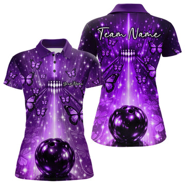 Custom Purple Galaxy Bowling Lane Butterfly Bowling Team Women Polo Shirt LM1203