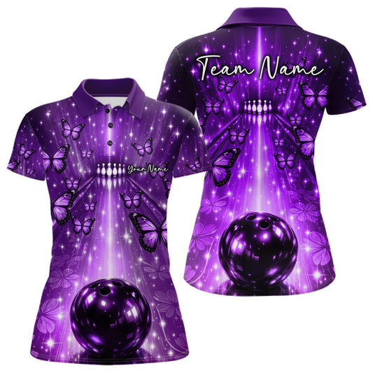 Custom Purple Galaxy Bowling Lane Butterfly Bowling Team Women Polo Shirt LM1203
