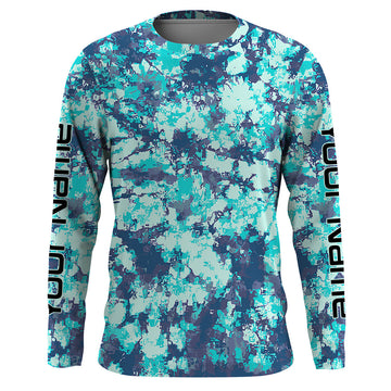 Maxcorners Custom Blue Tie dye camo UV Long Sleeve performance Fishing Shirts, personalized Fishing jerseys  LM0201