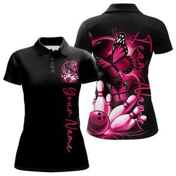 Custom Pink Butterfly Bowling Women Polo Shirts With Team Name, Bowling Uniform LM1203