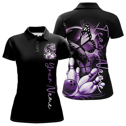 Custom Blue Butterfly Bowling Women Polo Shirts With Team Name, Bowling Uniform LM1203