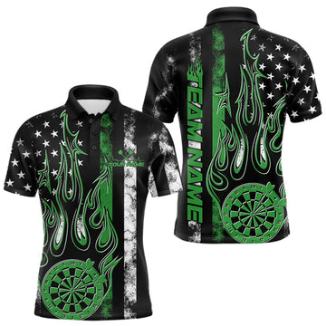 Maxcorners Custom Green Thin Line US Flag Patriotic Flame Dartboard Dart Men Polo Shirts, Dart Jerseys LM1903
