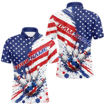 Maxcorners Custom Patriotic American Bowling Men Polo Shirt, US Flag Splatter Bowling Jersey LM1508