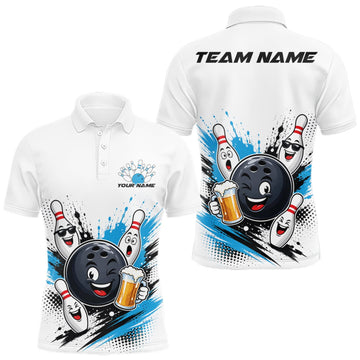 Maxcorners Custom White And Blue Funny Beer Bowling Men Polo Shirt, Beer Drinking Party Bowling LM1508