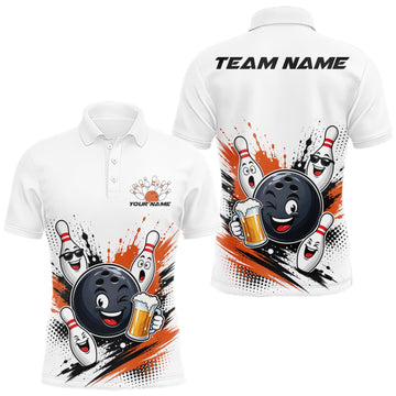 Maxcorners Custom White And Orange Funny Beer Bowling Men Polo Shirt, Beer Drinking Party Bowling LM1508