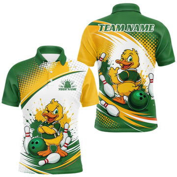 Maxcorners Custom Green And Yellow Funny Duck Bowling Team Men Polo Shirt, Bowling Jersey LM1508