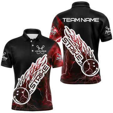 Maxcorners Custom Black And Red Thunder Lightning Strike Bowling Polo Shirts For Men Team Shirt