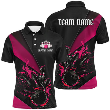 Maxcorners Custom Name Fire Flame Bowling Team Shirts For Men, Women And Kids | Pink LM0503