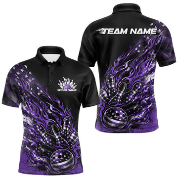 Maxcorners Custom Patriotic Purple Flame Bowling Shirts, US Flag Bowling Team Jerseys Freedom 4Th Of July Bowling Shirt 1 LM1501