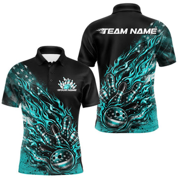 Maxcorners Custom Patriotic Turquoise Blue Flame Bowling Shirts, US Flag Bowling Team Jerseys Freedom Bowling Shirt LM1501