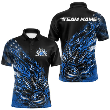 Maxcorners Custom Patriotic Blue Flame Bowling Shirts, US Flag Bowling Team Jerseys Freedom 4Th Of July Bowling Shirt LM1501