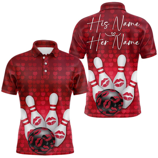 Maxcorners Bowling Kisses Red Heart Theme Custom Valentines Day Bowling Polo Shirts For Men And Women