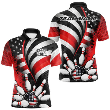 Maxcorners Custom Black And Red US Flag Patriotic Bowling Shirts, Freedom Bowling Team League Shirt Bowler Jerseys LM1501
