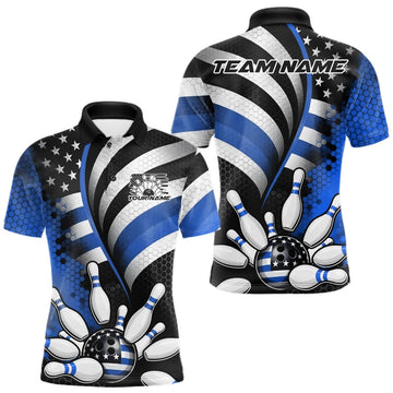 Maxcorners Custom Black And Blue US Flag Patriotic Bowling Shirts, Freedom Bowling Team League Shirt Bowler Jerseys LM1501