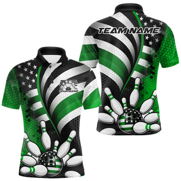 Maxcorners Custom Black And Green US Flag Patriotic Bowling Shirts, Freedom Bowling Team League Shirt Bowler Jerseys LM1501