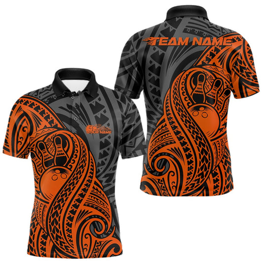 Custom Black And Orange Maori Style Koru Spiral Tribal Men Bowling Polo Team Shirt LM1203