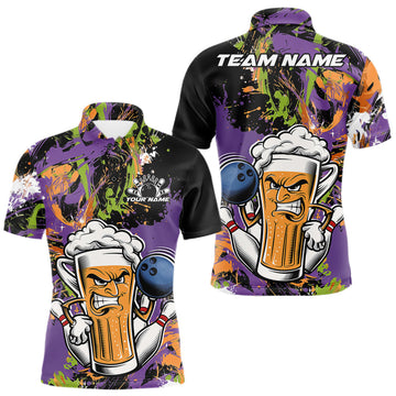 Maxcorners Custom Halloween Vibe Colorful Splatter Funny Bowling Beer Men Polo Shirt