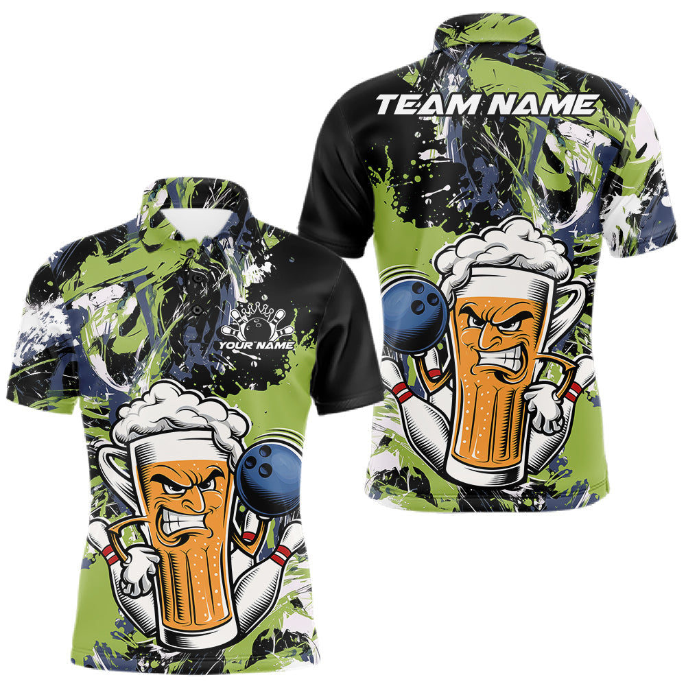 Maxcorners Custom Black And Green Splatter Funny Bowling Beer Men Polo Shirt, Bowling Jersey