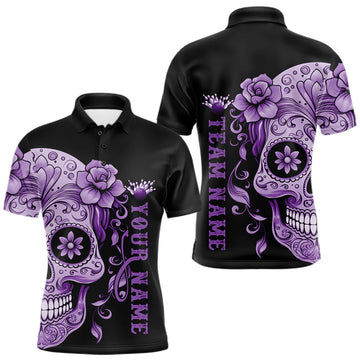Maxcorners Purple Sugar Skull Tattoo Custom Men Bowling Polo Shirt, Halloween Team Bowling Jerseys LM2602