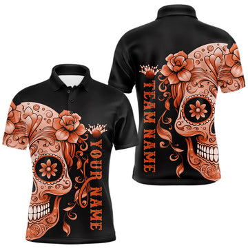 Maxcorners Orange Sugar Skull Tattoo Custom Men Bowling Polo Shirt, Halloween Team Bowling Jerseys LM2602