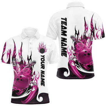 Maxcorners Custom Pink Flame Bowling Team Jerseys, Bowling League Polo Shirt For Men LM2602