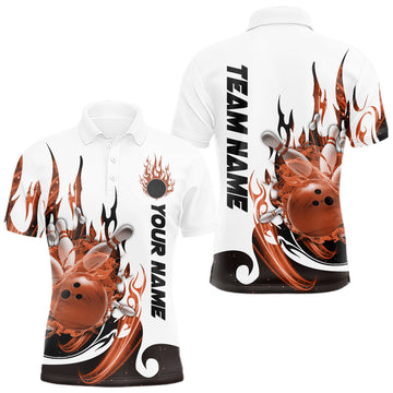 Maxcorners Custom Orange Flame Bowling Team Jerseys, Bowling League Polo Shirt For Men LM2602