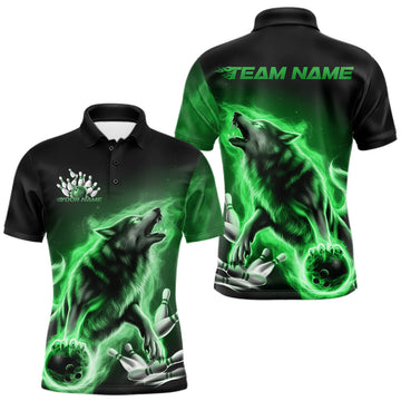 Maxcorners Green Flame Wolf Custom Bowling Team Shirt For Men, Fire Wolf Bowling Jerseys LM2602