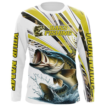 Maxcorners Personalized Largemouth Bass Fishing Jerseys, Custom Bass Long Sleeve Fishing Shirts Camo LM0201