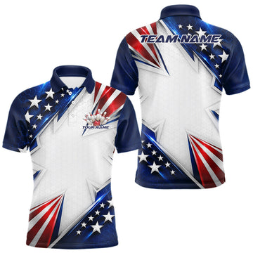 Maxcorners Custom Patriotic Bowling League Team Shirt, American Flag Bowling Men Polo Shirt