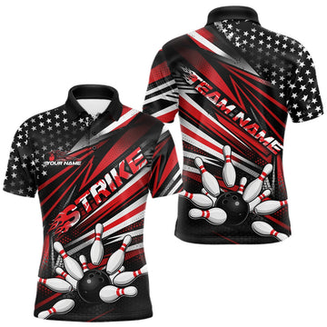 Maxcorners Custom Black And Red US Flag Patriotic Strike Bowling Team Shirt, Freedom Bowling League Shirt Bowler Jerseys LM1501