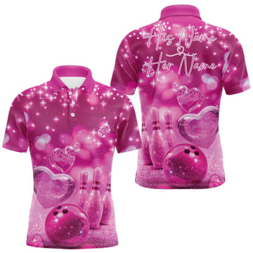 Maxcorners Custom Pink Valentine Bowling Couple Shirts, Pink Heart Theme Bowling Jerseys With His Name And Her Name LM1501