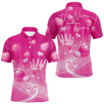 Maxcorners Custom Pink Valentine Bowling Couple Shirts, Pink Heart Theme Bowling Jerseys With His Name And Her Name  LM1501