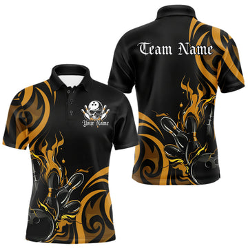 Maxcorners Custom Black And Yellow Tribal Flame Bowling Men Shirt, Bowling League Shirt Team Jerseys LM2602