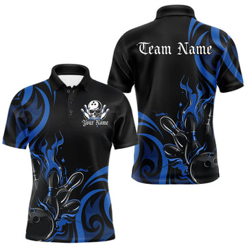 Maxcorners Custom Black And Blue Tribal Flame Bowling Men Shirt, Bowling League Shirt Team Jerseys LM2602