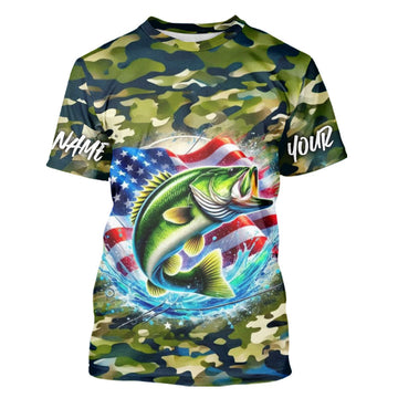 Maxcorners US Flag Largemouth Bass Fishing Camo Custom Patriotic Tournament Fishing T-Shirts LM0501